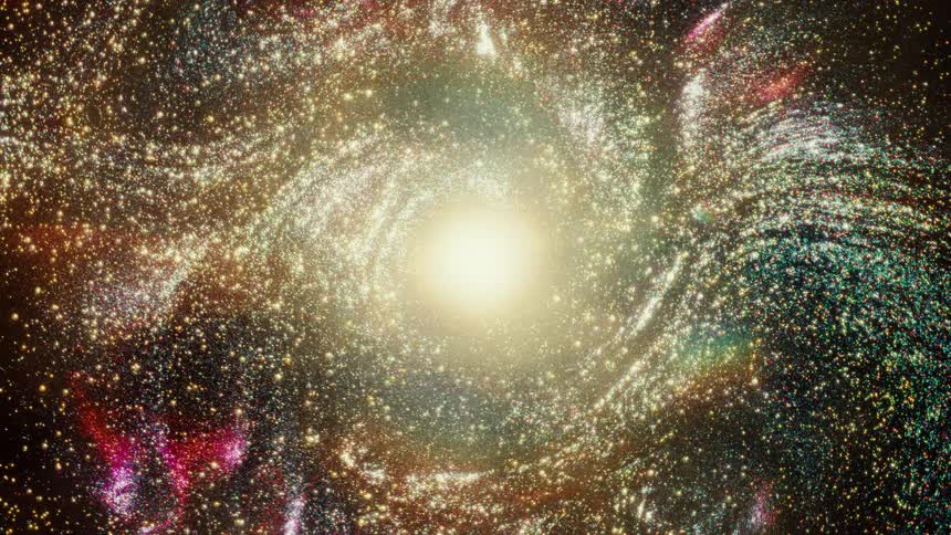A vibrant, glowing spiral galaxy rotates majestically in the vastness of deep space