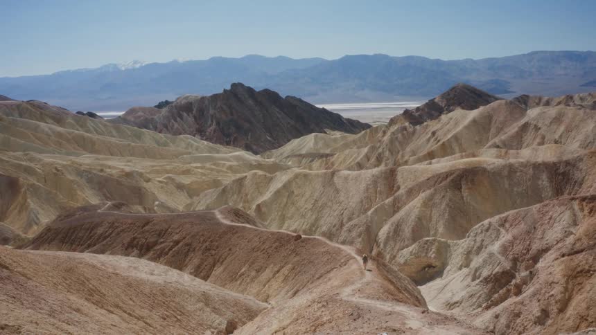 A wide, static shot shows a lone hiker walking along a winding trail through the vast, colorful badlands of Zabriskie Point in Death Valley