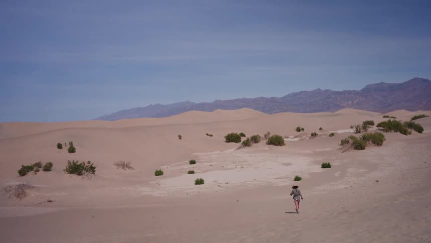 A lone explorer wearing a hat traverses the vast sand dunes of a desert on a sunny day
