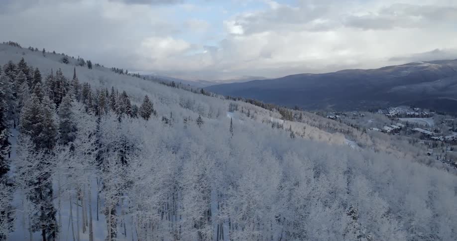 A majestic aerial view reveals a sprawling mountain landscape covered in a thick blanket of snow and frosted trees