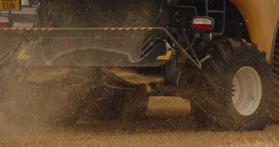 Slow motion close-up of a combine harvester spreading chaff from its rear as it works in a golden field