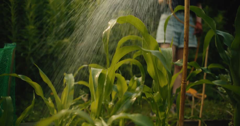 A young gardener waters vibrant green corn plants in a lush backyard garden during the summer