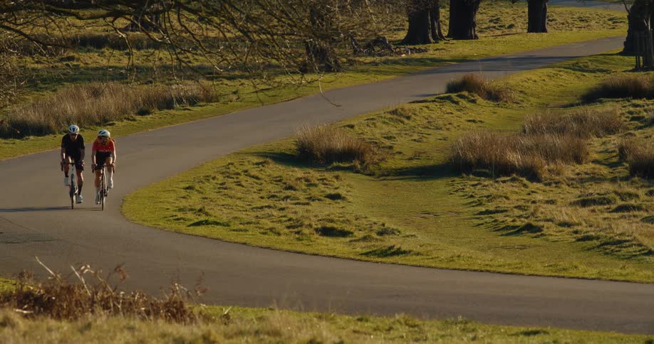 Two cyclists enjoy a ride on a scenic, winding country road in the warm afternoon sun