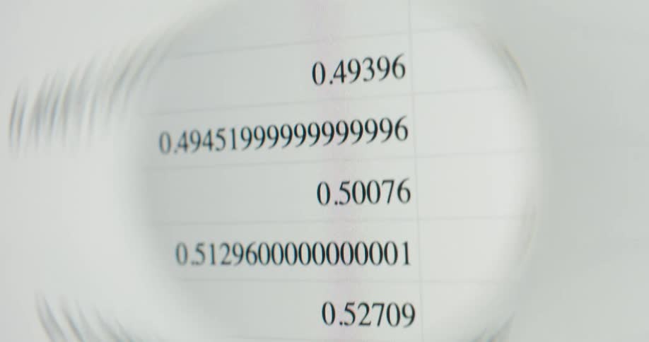 A magnifying glass scans a column of decimal numbers on a spreadsheet, representing data analysis or financial information