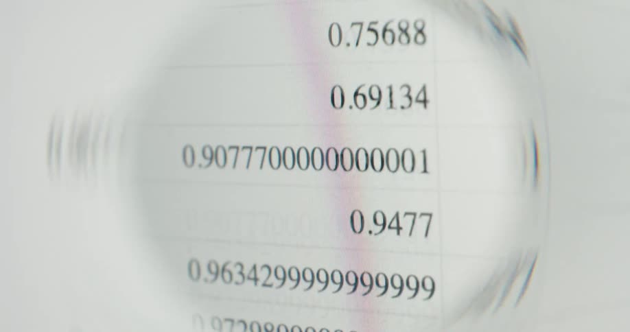 A magnifying glass moves down a column of decimal numbers on a digital screen, suggesting data analysis or scrutiny
