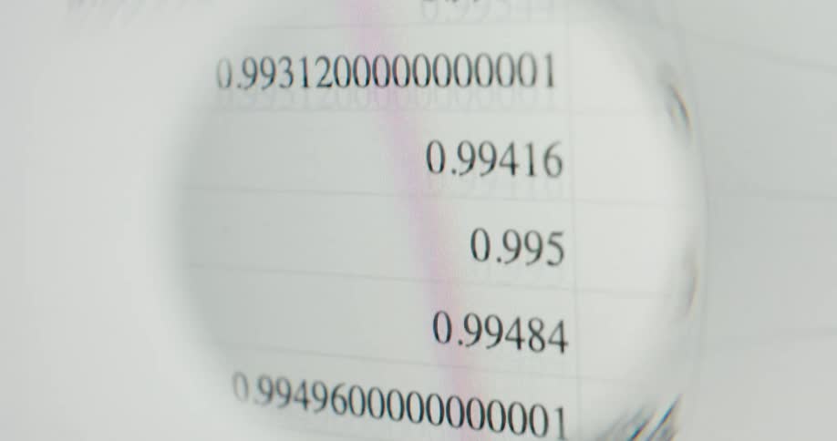 A magnifying glass scans down a column of decimal numbers on a spreadsheet, symbolizing data analysis and research