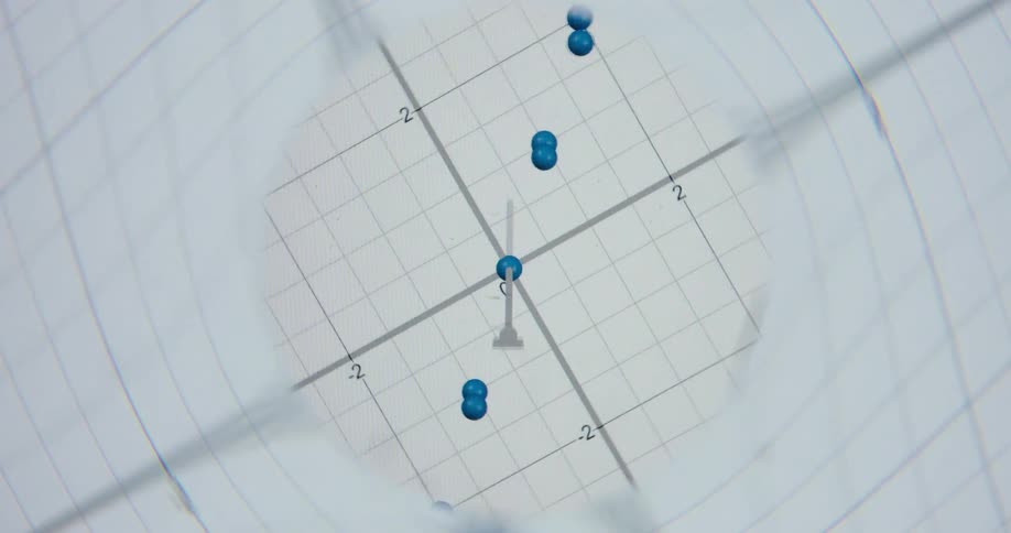 An abstract animation of a rotating 3D scatter plot shows dynamic blue data points on a coordinate grid