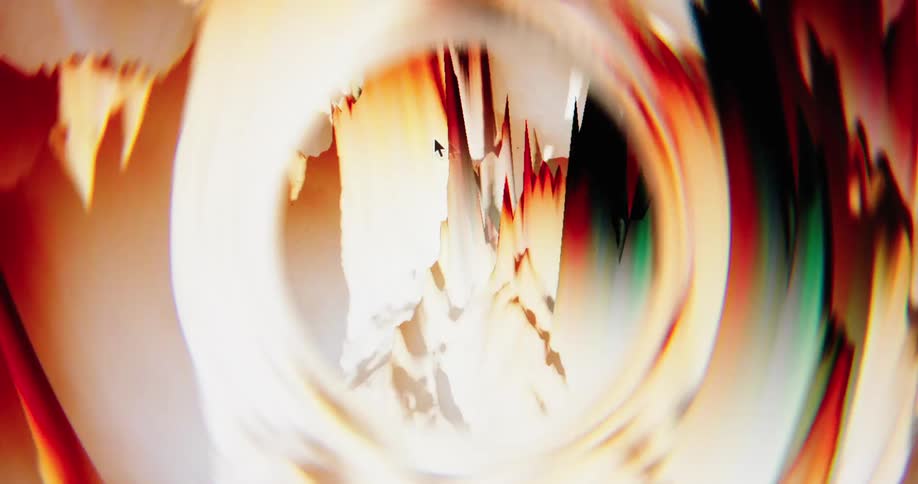 A swirling vortex of abstract glitch art pulsates with chaotic energy and warm tones