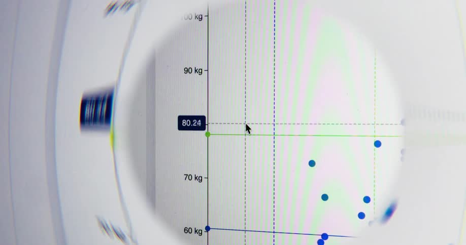 Close-up of a digital graph on a computer screen showing a rapid increase in weight measured in kilograms
