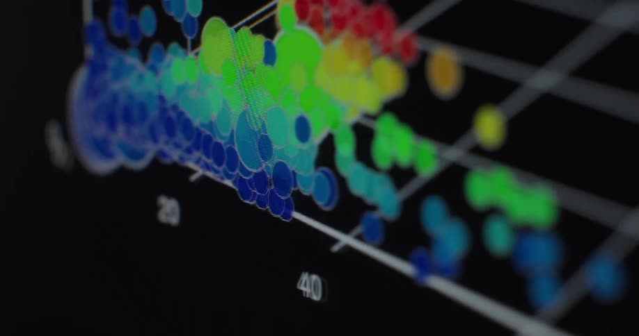 Macro close up shot of a colorful data visualization graph displaying scientific analysis on a computer screen