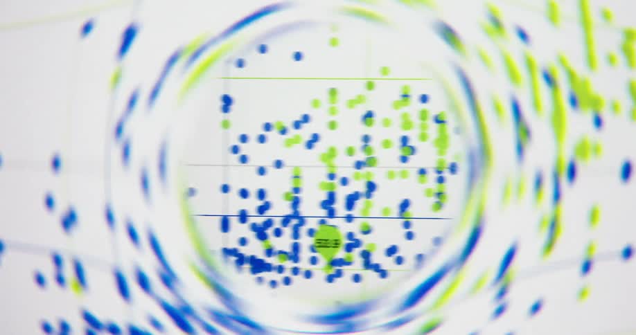 A creative animation shows a scatter plot graph with biometric data being analyzed on a computer screen