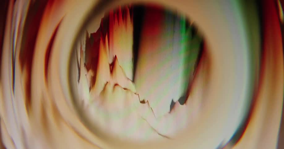 A chaotic and colorful abstract digital waveform is viewed close-up through a distorted, swirling lens