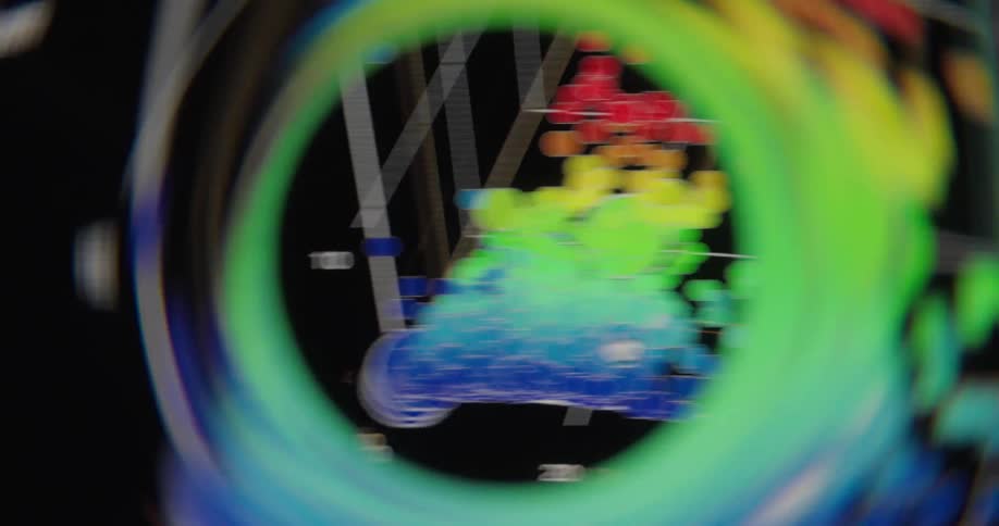 An abstract and distorted close-up of a rotating 3D scatter plot showing colorful data points being analyzed
