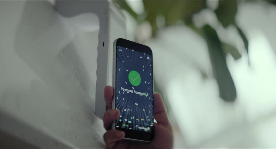 A vertical shot shows a successful contactless payment with a smartphone, confirmed by a green checkmark and a celebratory confetti animation