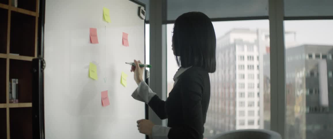 A focused businesswoman maps out a strategy using sticky notes and a marker on a whiteboard in a modern city office