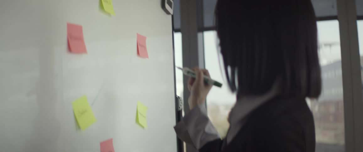 A businesswoman in a modern office brainstorms a corporate strategy by writing on sticky notes and drawing a mind map on a whiteboard