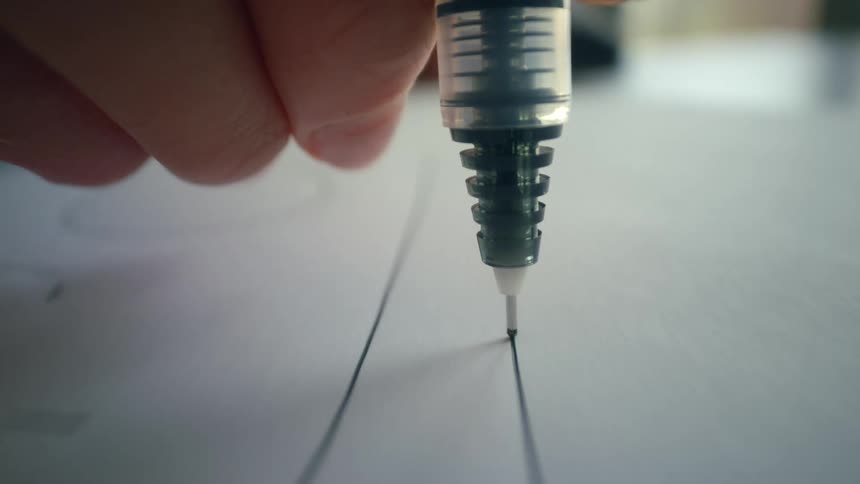 An extreme close-up shot follows a mechanical pencil as it precisely draws a thin black line across a sheet of white paper
