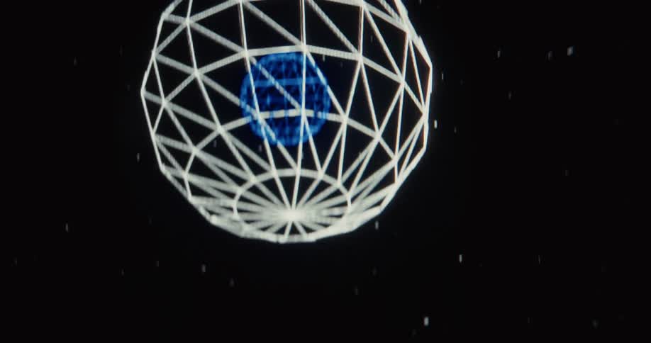Abstract wireframe animation of a geodesic sphere rising into a dark space