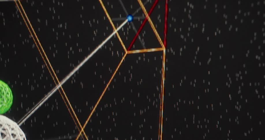 Abstract wireframe geometric shapes and spheres float through a digital starfield