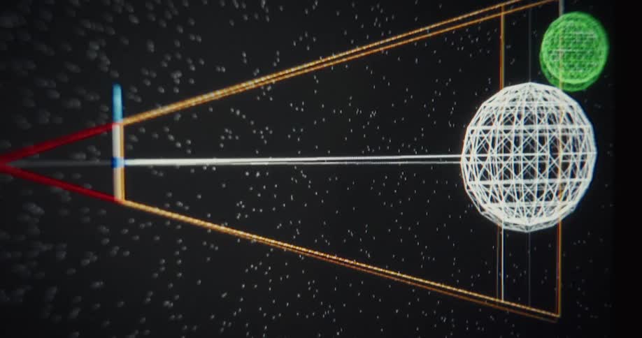 A retro-style computer animation visualizes celestial mechanics with wireframe planets and stars