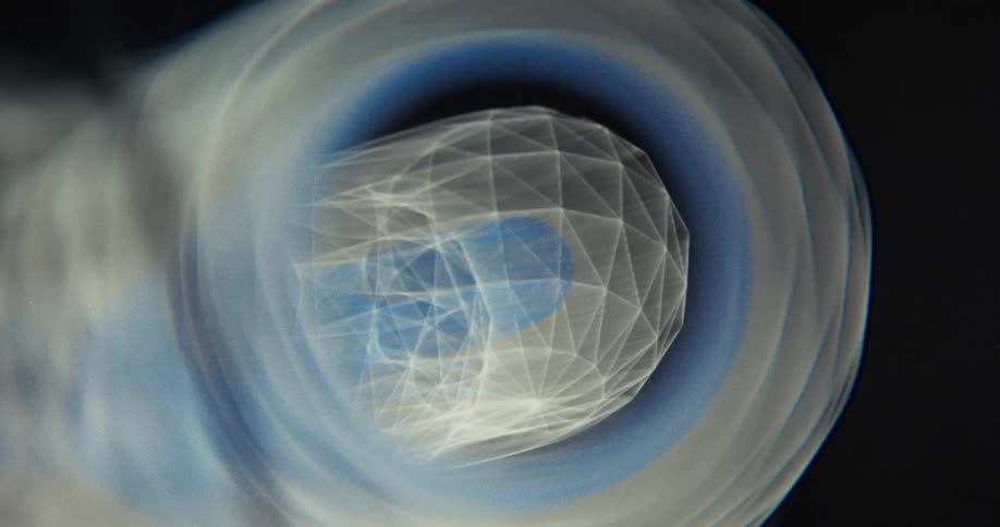 A mesmerizing vortex of abstract blue and white geometric light patterns swirls hypnotically