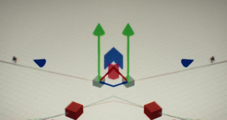 A kaleidoscopic, mirrored view of a user manipulating colorful geometric shapes and arrows in a 3D design software