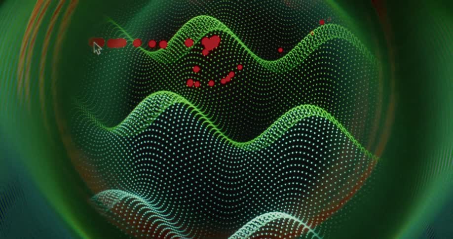 A mouse cursor navigates and interacts with red data points on a complex, green, wave-like data visualization screen