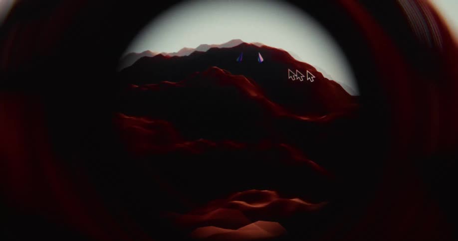 Abstract CGI animation of a fast-paced flight through a surreal red mountain range with a psychedelic blur effect