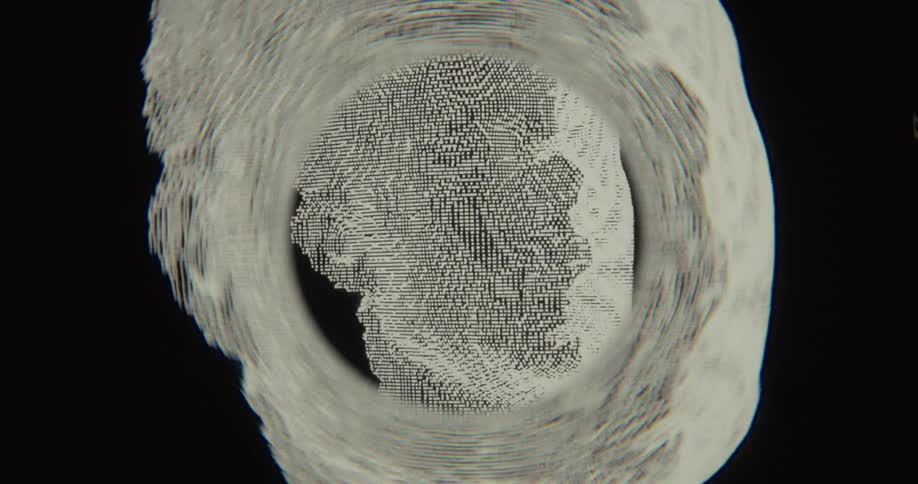 An abstract digital representation of a human head formed by swirling particles rotates and distorts against a black background