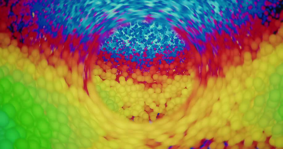 An abstract vortex of swirling, multi-colored particles creates a dynamic and psychedelic background