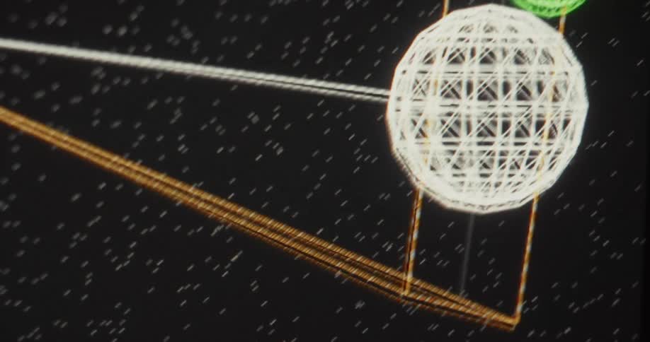 A futuristic wireframe model of spheres and geometric shapes floats through a dark, star-filled space