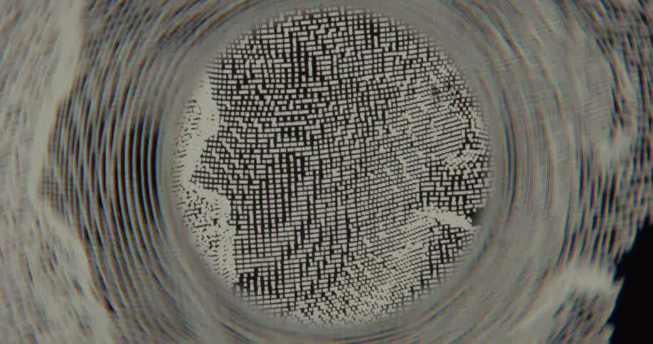 Close-up of an abstract digital visualization with a shifting pixel grid inside a swirling vortex