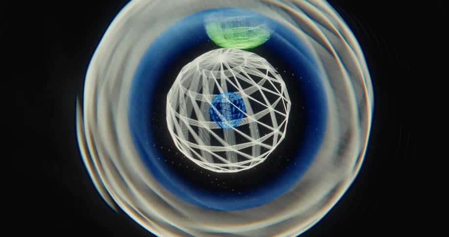 Abstract animation of rotating geometric wireframe spheres and concentric light rings on a dark background