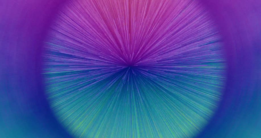 A vibrant abstract animation shows a colorful vortex of light rays radiating outwards from a central point