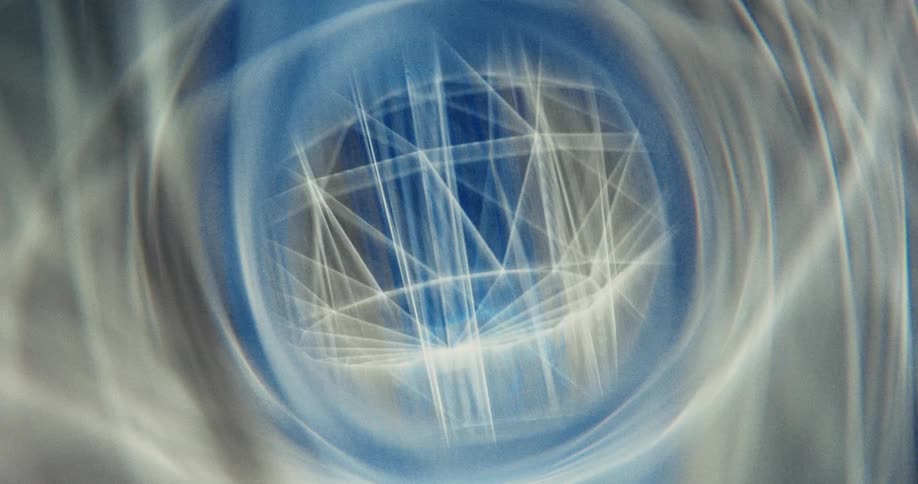 A hypnotic visual of a distorted, grid-patterned orb twisting inside a tunnel of swirling blue and white light