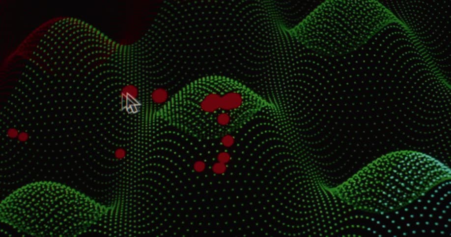 A computer cursor interacts with a 3D digital landscape of green and red dots on a screen
