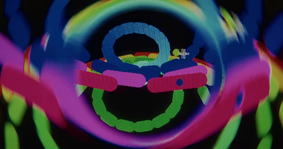 Psychedelic abstract animation of colorful swirling shapes and patterns on a digital screen with a glitch effect