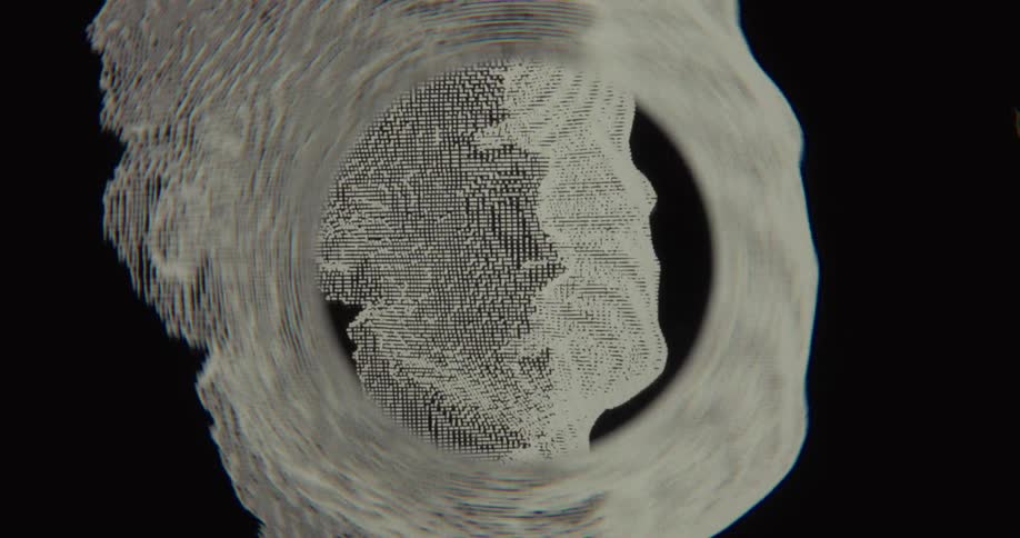 A futuristic CGI rendering of a human head made of white voxels rotates and distorts within a digital vortex