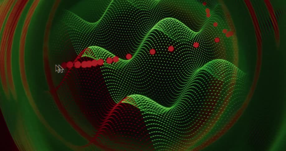 A computer mouse interacts with a complex 3D landscape of red and green data points on a screen