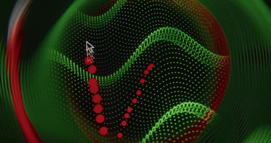 A computer user interacts with a digital waveform, manipulating data points on an abstract green and red graph