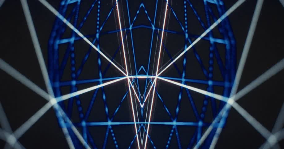 A hypnotic kaleidoscope of a blue geometric sphere surrounded by moving white lines against a black background