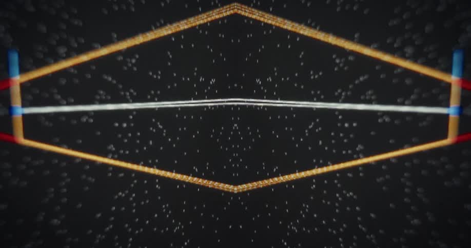 An abstract mirrored animation of geometric spheres and lines creating a futuristic digital tunnel