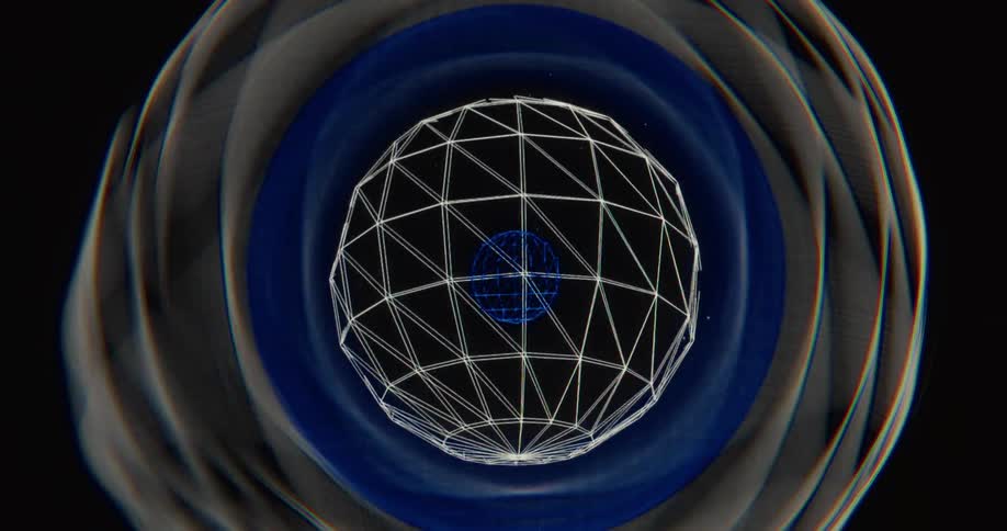 A futuristic CGI animation shows a geometric cube evolving into nested wireframe spheres within a swirling digital space
