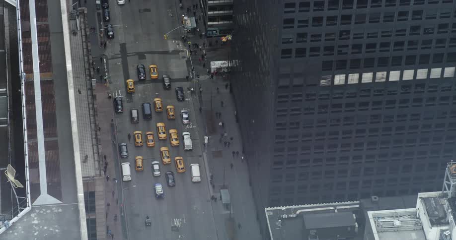 Overhead view of a busy intersection in a large city