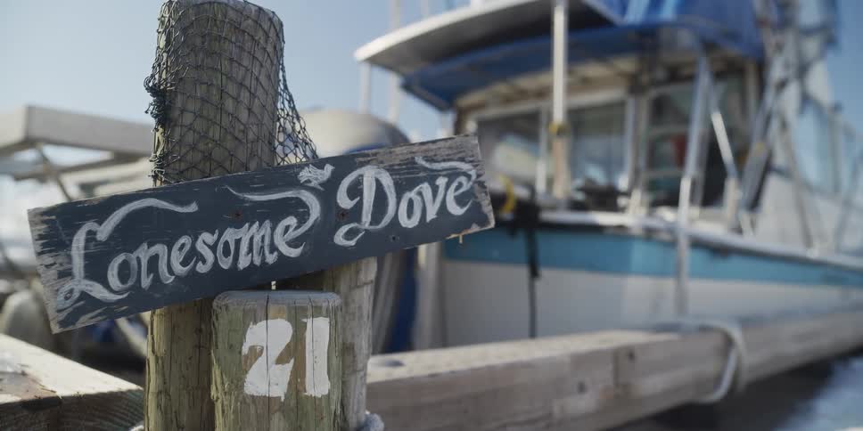 A rustic wooden sign reading 'Lonesome Dove' marks a spot on a sunny fishing pier with a boat in the background