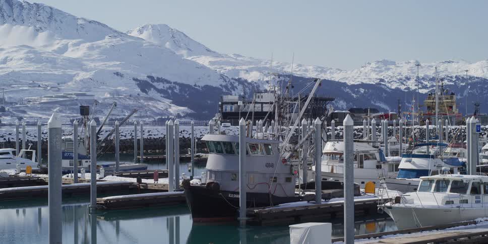 Boats are docked in a tranquil marina on a bright winter day, surrounded by a stunning landscape of snow-covered mountains