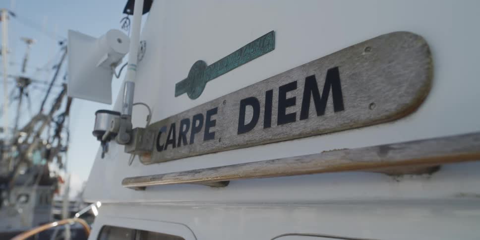 A weathered wooden sign on a boat reads 'Carpe Diem' while docked in a sunny harbor