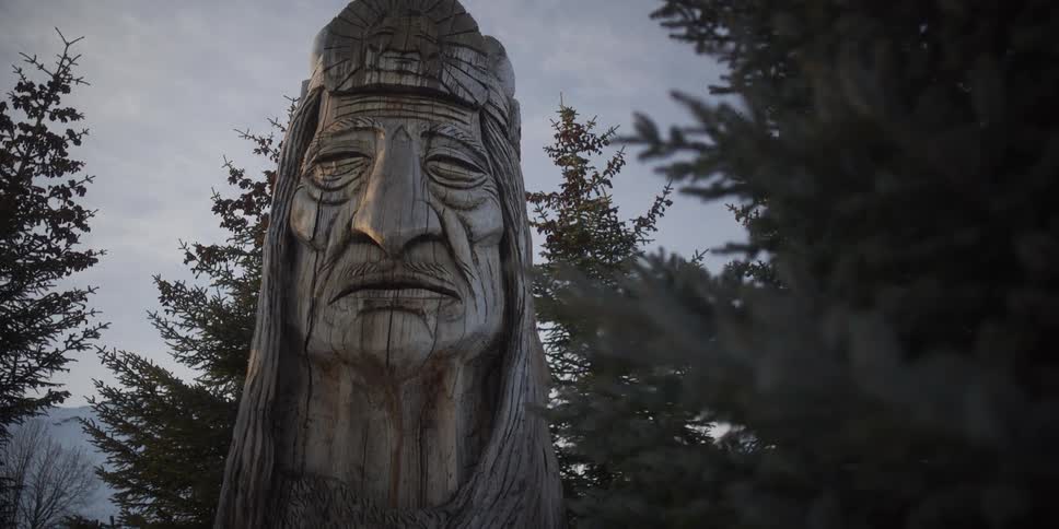A low-angle shot captures the solemn face of a weathered, wooden-carved indigenous statue surrounded by evergreen trees