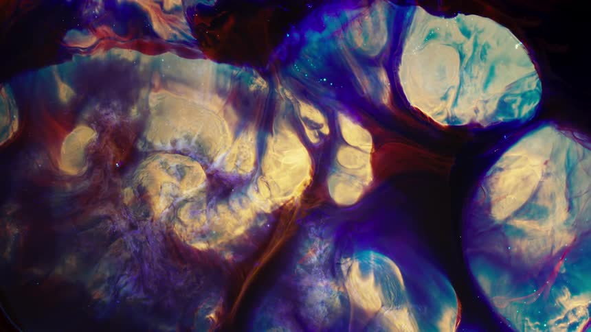 Hypnotic swirls of purple, yellow, and blue inks create a cosmic and otherworldly abstract liquid art background