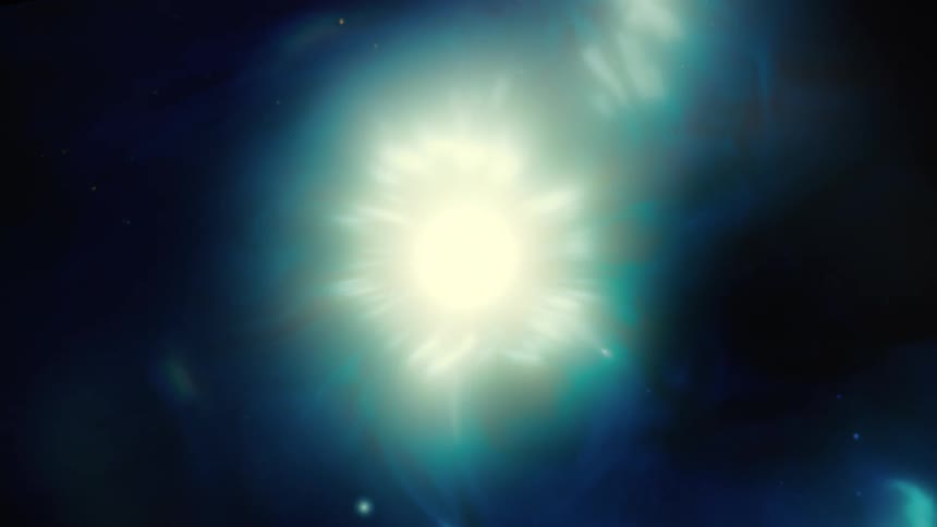 A brilliant star explodes within a cosmic blue nebula, radiating light and energy throughout the dark expanse of space